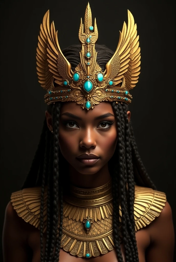 Visage femme noire peau très sombre goddess du Soudan avec tatouages or fin((dressed in pharaoh's tunic)) visage tatouages avec de l'or fin
