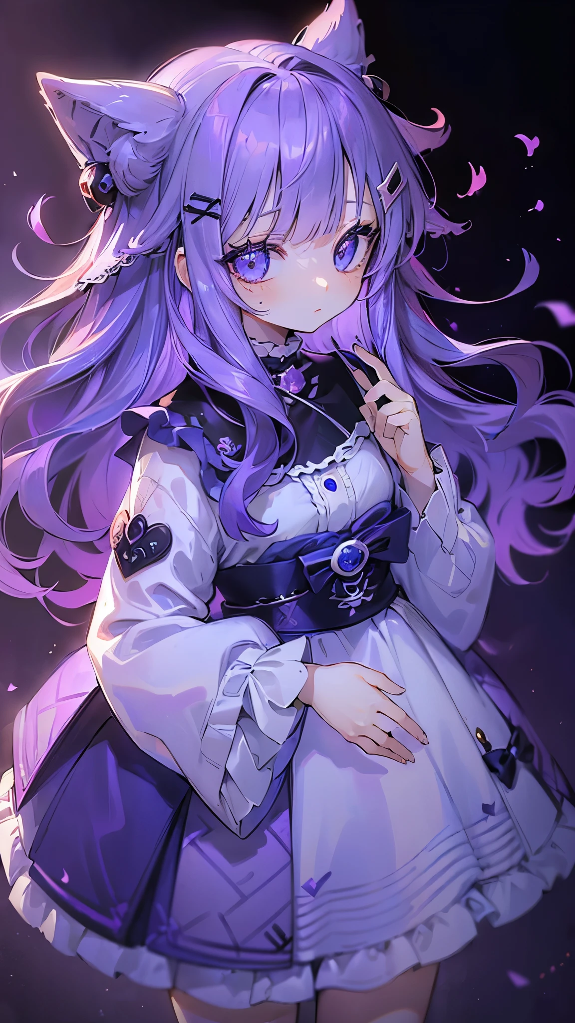 ((masterpiece、8K、highest quality)), Detailed face, Fine grain,(SupportHair)、((light purple hair))、((multi color hair))、((SupportHair))、Bright Blue Eyes、One girl、(Wavy Hair)、((Harajuku fashion))