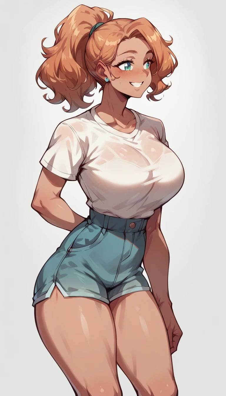 A girl of normal height,  tanned girl dressed like a student,  Wearing a ponytail, smiling, curly orange hair , big ass and big breasts,   looking forward  