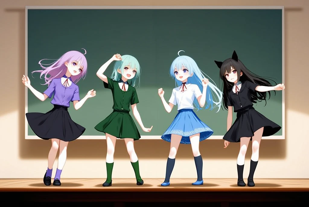 Pixel art, low-bit, 8-bit, mosaic, kawaii chibi characters like those in anime, 4 girls on a podium in a classroom, one in purple, one in green, one in light blue, one in black, dancing side by side, the world of old retro games