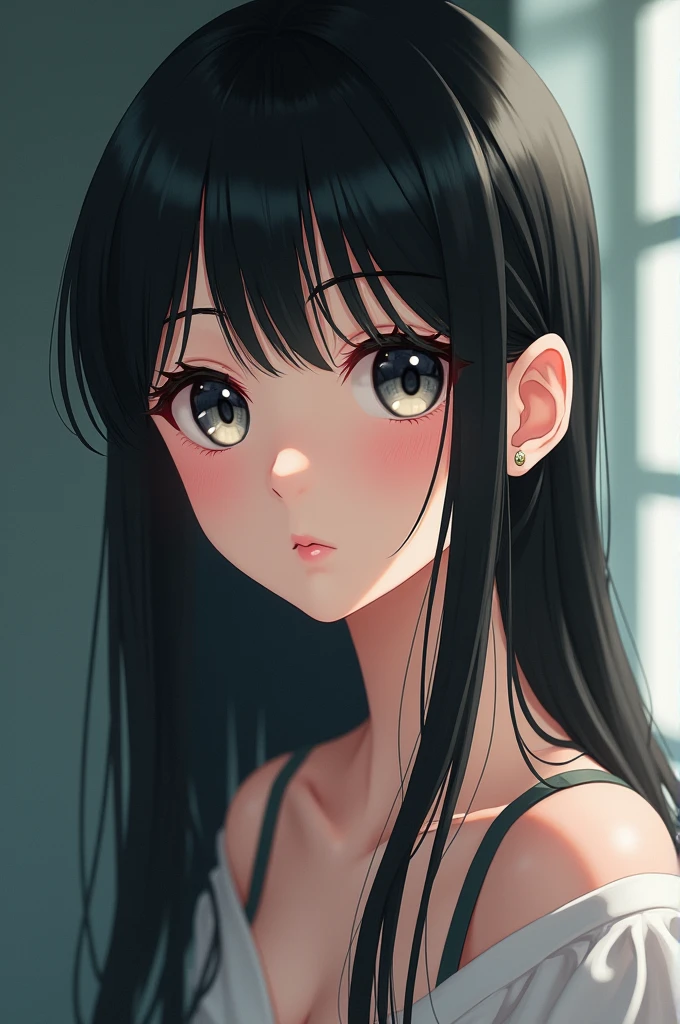 create an image in the Sailor Moon style of a girl with straight black hair to her shoulders, black eyes and a small nose