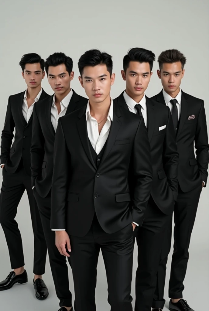 Three men in suits and sunglasses walk down the sidewalk, inspired by Gang Hui-an, wearing causal black suits, the scooter ( edm band, smooth in _ Background with, generic kpop boy band, still from a music video, men look up at the sky, wear suit!, inspired by Gang Se-hwang, band promo, shot on a Canon EOS R5