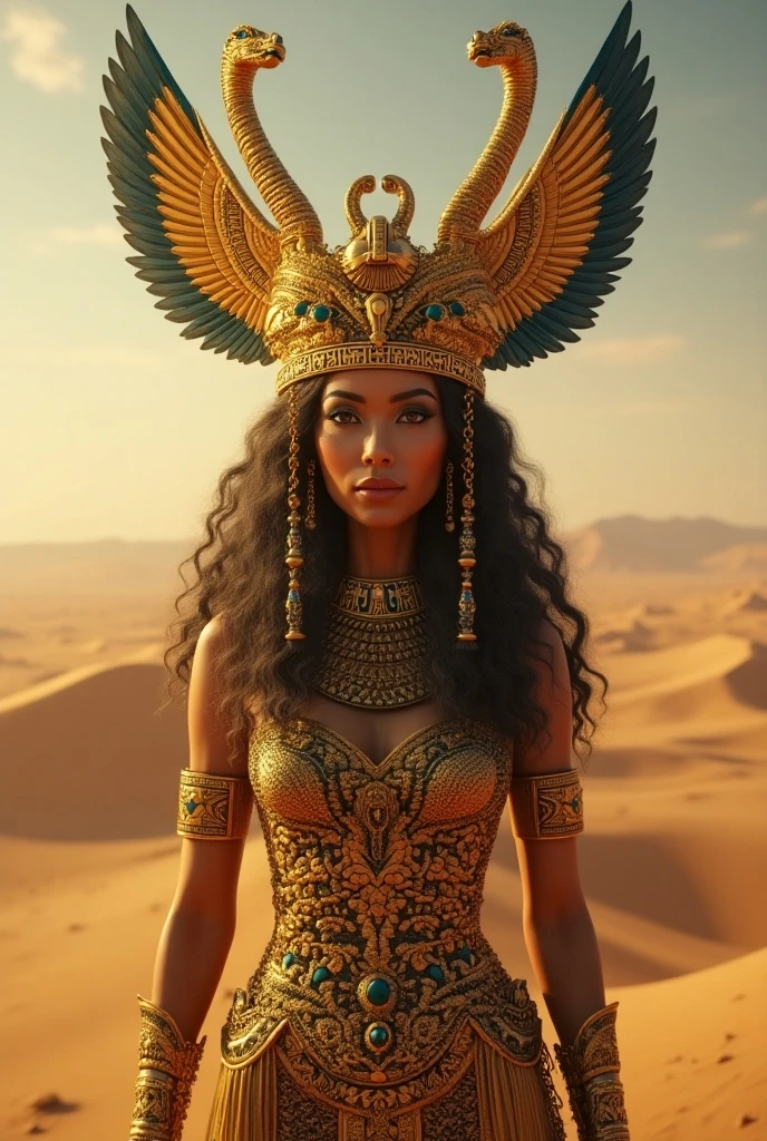 a beautiful fremen woman, intricate ornate headpiece, piercing blue eyes, high cheekbones, delicate facial features, parted lips, flowing robe, desert landscape, twin suns in sky, blowing sand, rocky cliffs, cinematic lighting, muted color palette, atmospheric haze, (best quality,8k,highres,masterpiece:1.2),ultra-detailed,(photorealistic:1.37)