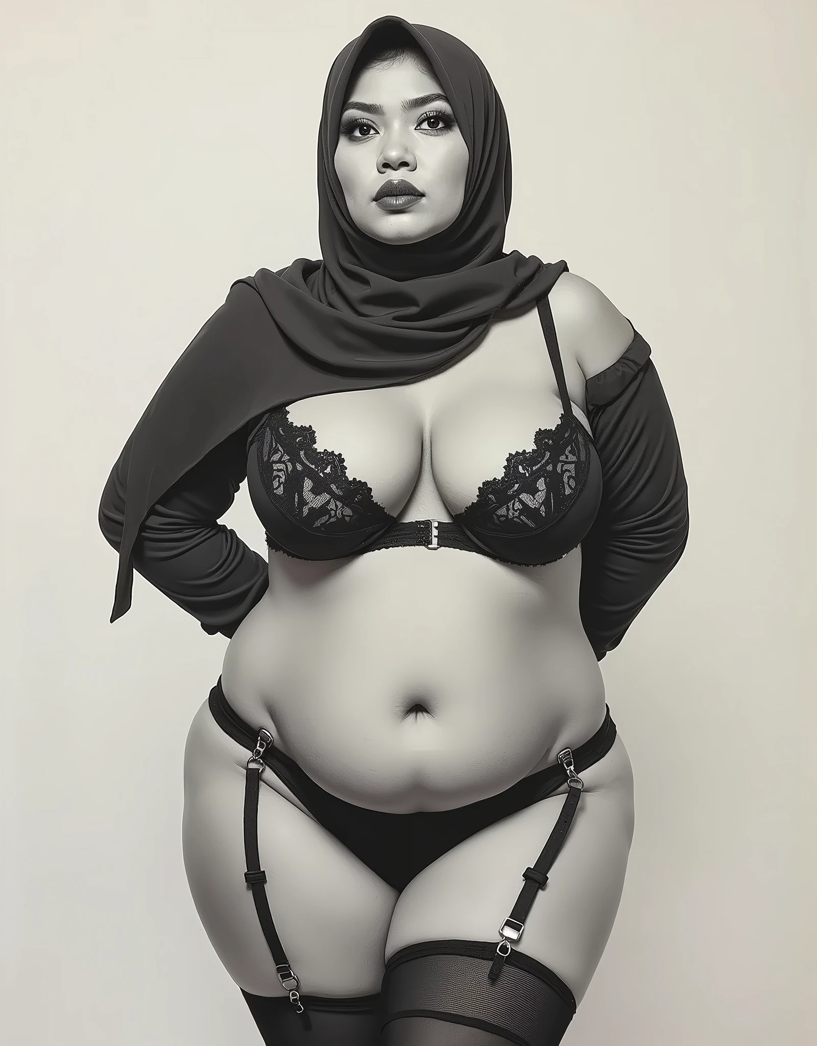 RAW photo,candid photograph, full body,photo of a beautiful,modern,25yo Iraqi woman,pale skin,black hijab, detailed skin, naked, looking at viewer, chubby body structure,white background,no background, candid pose,blue light, film grain, kodak color, instagram LUT