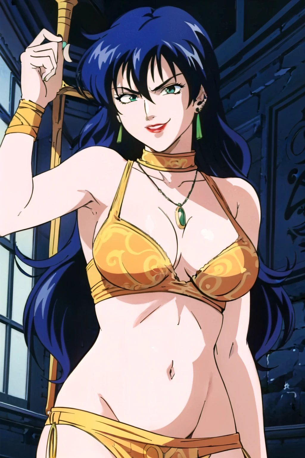 masterpiece, highest quality, detailed face, High resolution, 8K, Anime image quality, Karla, 1 girl, ponytail,black hair,purple eyes,purple lips, circlet,necklace,earrings, (Huge_chest:1.4, bikini swimwear_superior), smooth copper, wide_waist:1.3, Huge_Buttocks, alone, red_small_bikini swimwear_Down, (show off your swimsuit:1.6, ), Lying Pose, (open your legs:1.5, M-shaped), smile,masterpiece, highest quality, detailed face, fine eyes, High resolution, 8K, Anime image quality,
