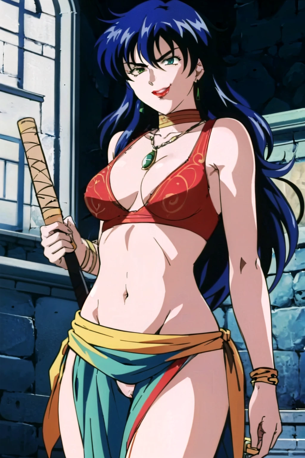 1girl,,retro artstyle,1990s \(style\),shan,blue hair,green eyes,lipstick,long hair,earrings,makeup, evil grin,, long hair, earrings, red lips, large breasts, ear piercing, long hair, blush, lipstick,Hot girl, baddie, smoking, sensual, attractive ,masterpiece, best quality, highly detailed ,glint,halterneck,gold_choker, complex detailed background,
inside, stone wall, ancient interior, ancient egyptian room, hieroglyphs, dark lighting, dark
atmosphere, (cowboy shot), holding a sword, sword, belly_chain,harem_outfit,navel, necklace,
pelvic_curtain,revealing_clothes, veil,masterpiece,best quality,1girl,mature,evil smile, smile,
female,mature,necklace,pendant, (nsfw) not safe for work, exposed belly, exposed navel, exposed
midriff, exposed lower belly