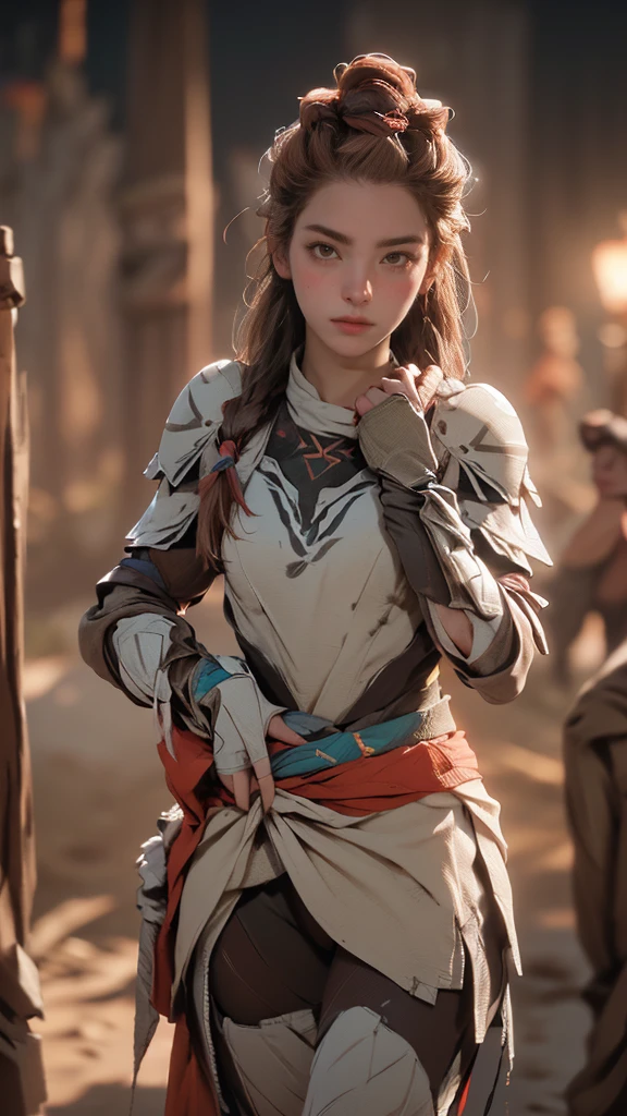 (A woman),(Aloy:1.5),(((Horizon Zero Dawn:1.5))),((Nora Hunting gear:1.5)),((standing bravely:1.5)),(Serious:1.5),(long red hair:1.5),(very detailed beautiful face:1.5),(((slight braided Hair:1.5))),(beautiful eyes:1.3),(Very detailedな顔:1.5),((Very detailed drawing of a female hand:1.5)),((muscular:1.5)),(Sexy appearance:1.5),((Thick thighs:1.5)),(Beautiful Body:1.5),((Very sensual:1.5)),(mountainous background at night:1.5),(warm atmosphere:1.5),(((Blurred Background:1.5))),(Written border depth:1.5),rest(((masterpiece:1.5),(best quality:1.5),(Very detailed:1.5),(high resolution:1.5),(Practical:1.5),(Practical:1.5),(Delicate depiction),(Carefully drawn))),8k,wallpaper