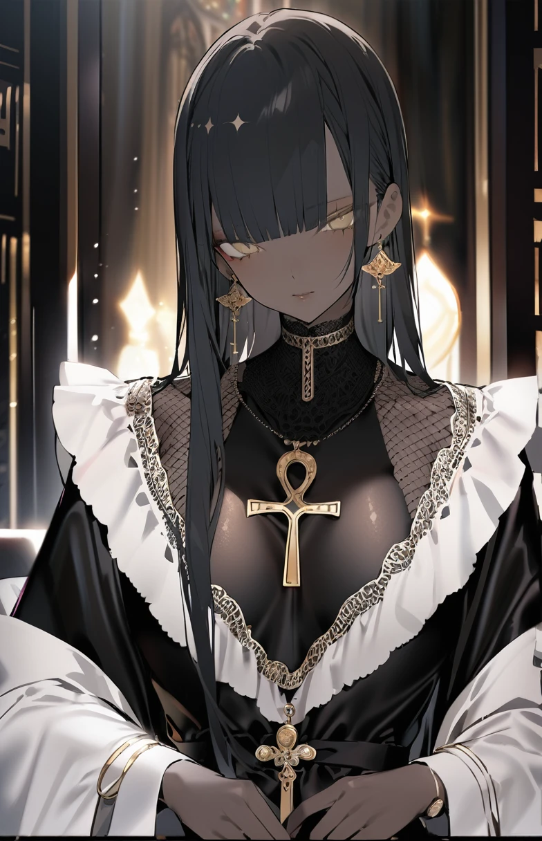 masterpiece,  best quality, 1 girl, Alone,  jewelry , Dark Skin Tone, Black Hair,  earrings,   upper body, chest, Watch the audience, Long Hair,  dark-skinned woman, Ankh, bangs, cross, Black Nail, Yellow Eyes, necklace, nail, Mouth closed,  black dress, blunt bangs, dress, Clevis, nail polish, Long sleeve 
////////, 