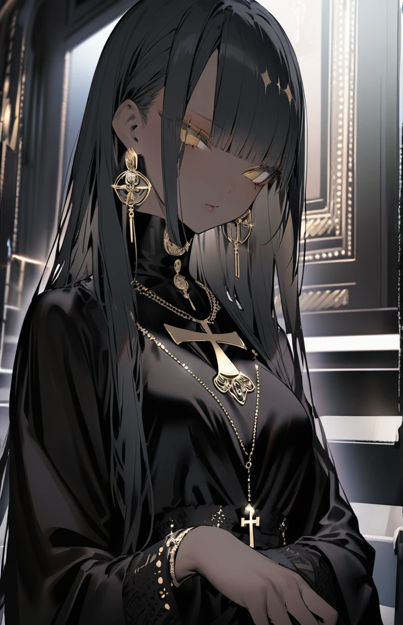 masterpiece,  best quality, 1 girl, Alone,  jewelry , Dark Skin Tone, Black Hair,  earrings,   upper body, chest, Watch the audience, Long Hair,  dark-skinned woman, Ankh, bangs, cross, Black Nail, Yellow Eyes, necklace, nail, Mouth closed,  black dress, blunt bangs, dress, Clevis, nail polish, Long sleeve 
////////, 