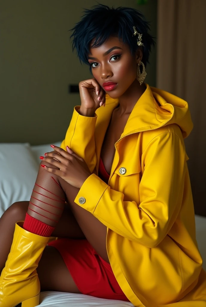 35-year-old busty eritrean ebony woman, oiled shiny dirty body with numerous scars, (full frontal nude), very long curly hair, spreading legs wide open and peeing, short glossy yellow pvc jacket ending above waist, in agony, tears rolling, bondage collar, in the dungeon,