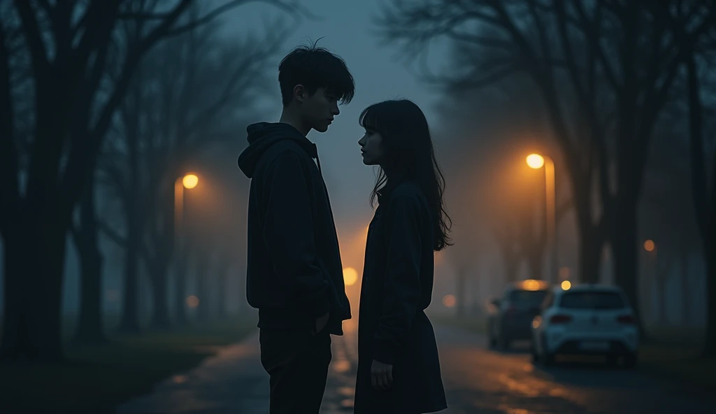 A man and a woman are standing separately at a bus stop while it's raining.