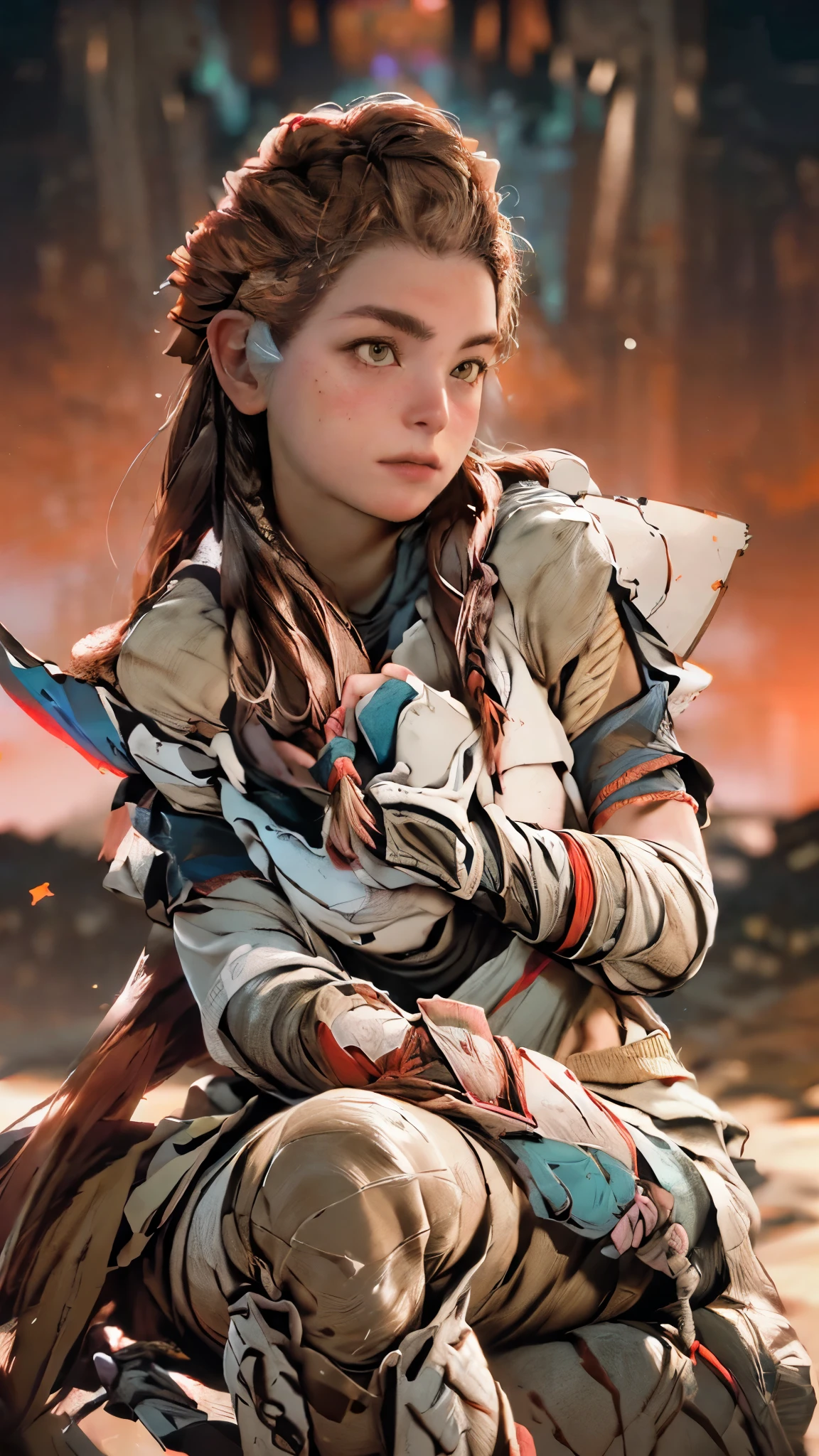 (A woman),(Aloy:1.5),(((Horizon Zero Dawn:1.5))),((Nora Hunting gear:1.5)),((nice armor:1.5)),(Serious:1.5),(long red hair:1.5),(((slight braided Hair:1.5))),(beautiful eyes:1.3),(Very detailedな顔:1.5),((Very detailed drawing of a female hand:1.5)),((muscular:1.5)),(Sexy appearance:1.5),((Thick thighs:1.5)),(Beautiful Body:1.5),((Very sensual:1.5)),(mountainous background at night:1.5),(warm atmosphere:1.5),(((Blurred Background:1.5))),(Written border depth:1.5),rest(((masterpiece:1.5),(best quality:1.5),(Very detailed:1.5),(high resolution:1.5),(Practical:1.5),(Practical:1.5),(Delicate depiction),(Carefully drawn))),8k,wallpaper