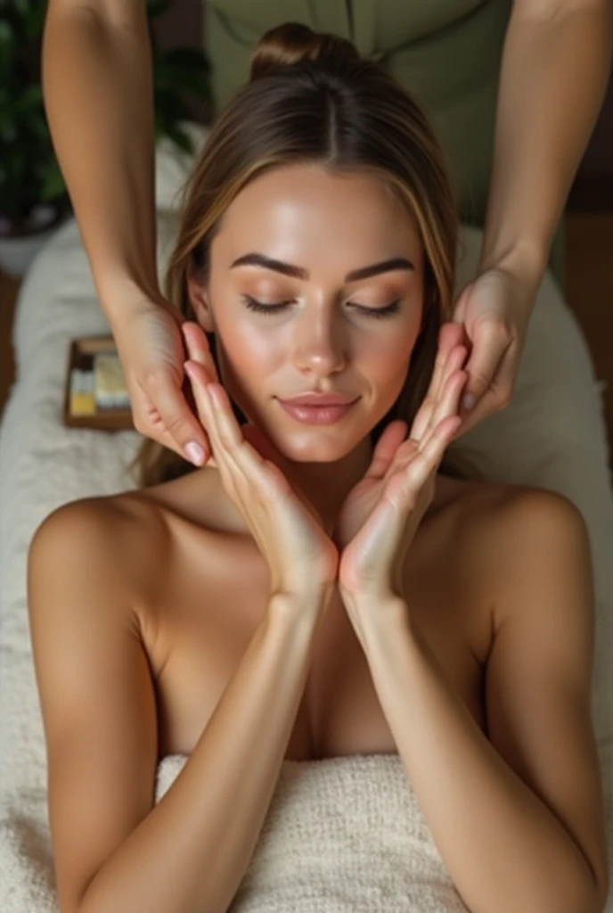 Masseter region, highest quality, ((Real Model Shots)), 8K quality, ((3 people)), Very delicate and beautiful, growing up, art, (pretty girl), (petite beautiful girl), (Nordic beauty), ((Perfect female figure)), ((Sweaty)), ((Soaking wet)), blonde, (((Nude Model))), (Massage Room), smile,F cup bust,Wet Hair,Oily body,Nipples are exposed,(Lying on your back on the massage bed:1.2),The body is exposed,(being massaged:1.4),(Being ridden on１．４)