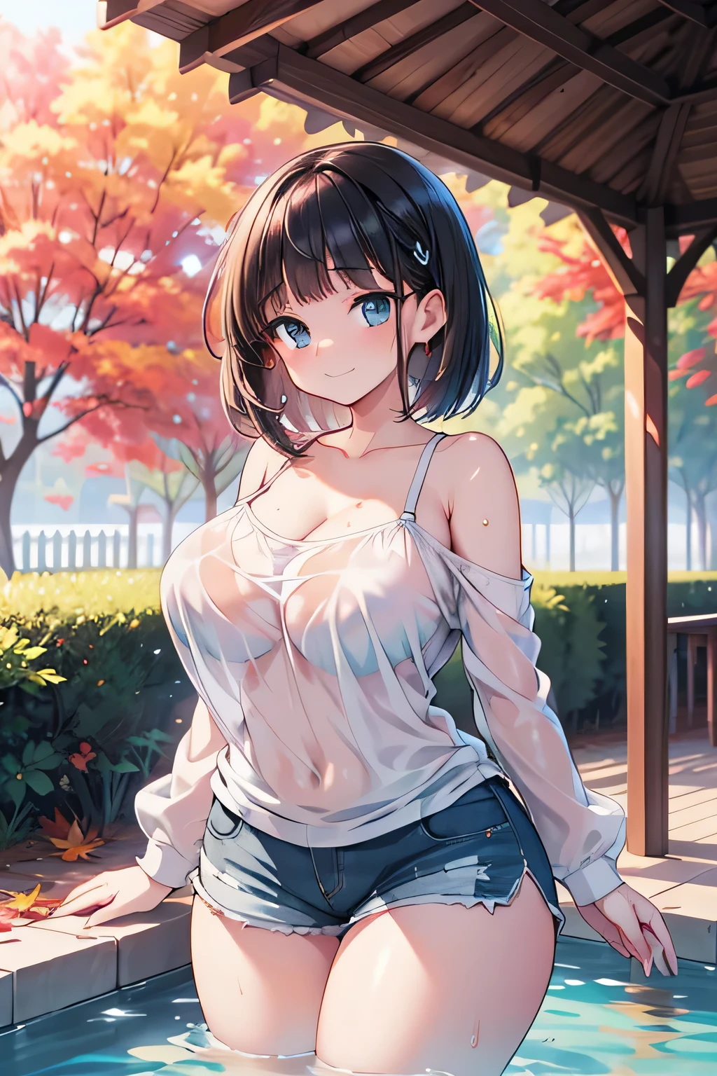  anime illustration、 High Resolution 、A sad smile、A short, busty, chubby gal、Autumn park、Shaded gazebo、Water-soaked, see-through off-shoulder shirt、 shorts 、Appealing sexual attraction、 perfect proportions 、 cowboy shot、Fatty thick legs、Sharp Eyes、Draw hands correctly