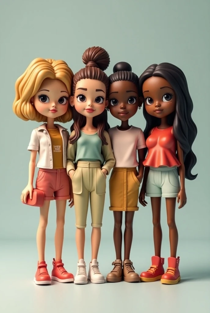 Create a 3D image, wearing jeans. On a picnic sitting on the grass, One wearing blue jeans, white Adidas shoes with red, White shirt with black leather jacket and red belt, black curly hair, Brown eyes , another wearing a black sweater, Brown eyes, 4 girlfriends, blonde short hair, and pink shoes, another wearing a gray sweater and dark gray pants, long wavy brown hair, with white shoes, and another with long wavy black hair, con un vestida floral amarillo y negro corto olgado y Brown eyes