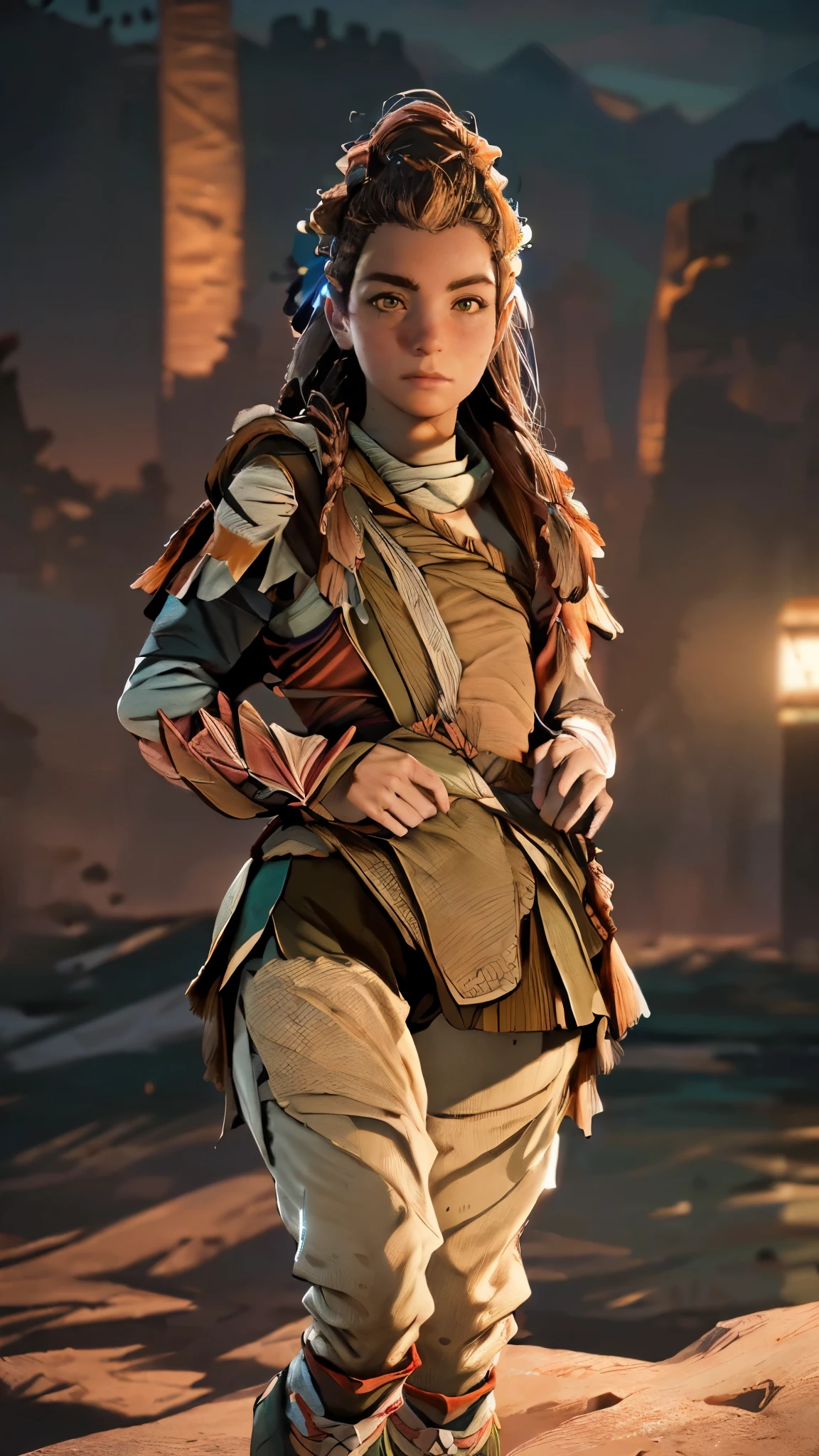 (A woman),(Aloy:1.5),(((Horizon Zero Dawn:1.5))),((Nora Hunting gear:1.5)),((standing bravely:1.5)),(Serious:1.5),(long red hair:1.5),(((slight braided Hair:1.5))),(beautiful eyes:1.3),(Very detailedな顔:1.5),((Very detailed drawing of a female hand:1.5)),((muscular:1.5)),(Sexy appearance:1.5),((Thick thighs:1.5)),(Beautiful Body:1.5),((Very sensual:1.5)),(mountainous background at night:1.5),(warm atmosphere:1.5),(((Blurred Background:1.5))),(Written border depth:1.5),rest(((masterpiece:1.5),(best quality:1.5),(Very detailed:1.5),(high resolution:1.5),(Practical:1.5),(Practical:1.5),(Delicate depiction),(Carefully drawn))),8k,wallpaper