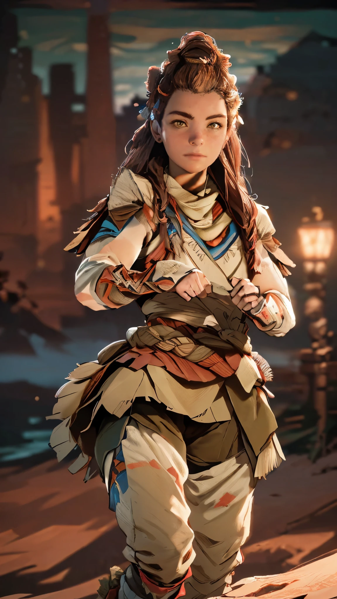 (A woman),(Aloy:1.5),(((Horizon Zero Dawn:1.5))),((Nora Hunting gear:1.5)),((standing bravely:1.5)),(Serious:1.5),(long red hair:1.5),(((slight braided Hair:1.5))),(beautiful eyes:1.3),(Very detailedな顔:1.5),((Very detailed drawing of a female hand:1.5)),((muscular:1.5)),(Sexy appearance:1.5),((Thick thighs:1.5)),(Beautiful Body:1.5),((Very sensual:1.5)),(mountainous background at night:1.5),(warm atmosphere:1.5),(((Blurred Background:1.5))),(Written border depth:1.5),rest(((masterpiece:1.5),(best quality:1.5),(Very detailed:1.5),(high resolution:1.5),(Practical:1.5),(Practical:1.5),(Delicate depiction),(Carefully drawn))),8k,wallpaper