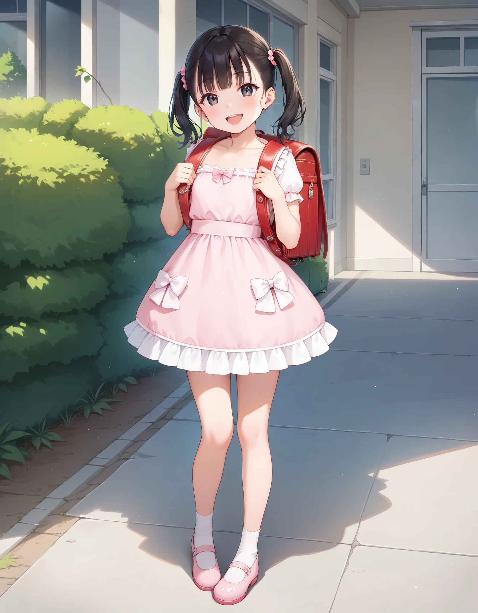 (littlegirl) ((party dress)) (sparkling dress) (slender body) (thin body), (black hair) (black eyes) (white skin) happy and confident expression. full body,  ((Location: park)) short hair, twintails, , wearing pink shoes, white socks, short girl, long straight hair, thin legs, flat chest, flat breasts. (playing) (happy, smile, cheerful), wearing randoseru backpack, red backpack, standing, outdoor