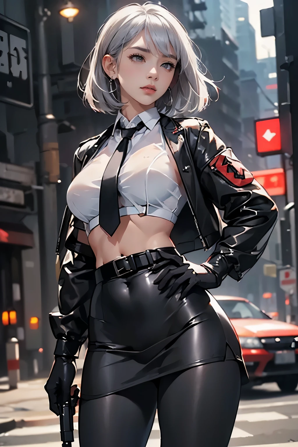 (Cool female police officer.Well-proportioned face.Beautiful white skin.Tall.Very muscular and slender body.Beautiful six pack abs.Big eyes.White Hair.Boyish short hair with a center part.I can see your forehead.Beautiful Blue Eyes.Heavy eye makeup.Dark lipstick.Tight waist.Very large .Very large breastsutiful light pink areola.Glowing.(A tight-fitting midriff-baring uniform.Button open.Tight SkLong boots with black belts.I have a lot of piercings.stockings.garter belt.Uniform cap).(1 Beauty.Futuristic City.Walking through the town at midnight.Standing with arms crossed.Police car.The eyes are narrowed.Serious expression)Perfect Face.Accurate human body.Accurate 5 fingers.High resolution.It's dynamic.Full body image