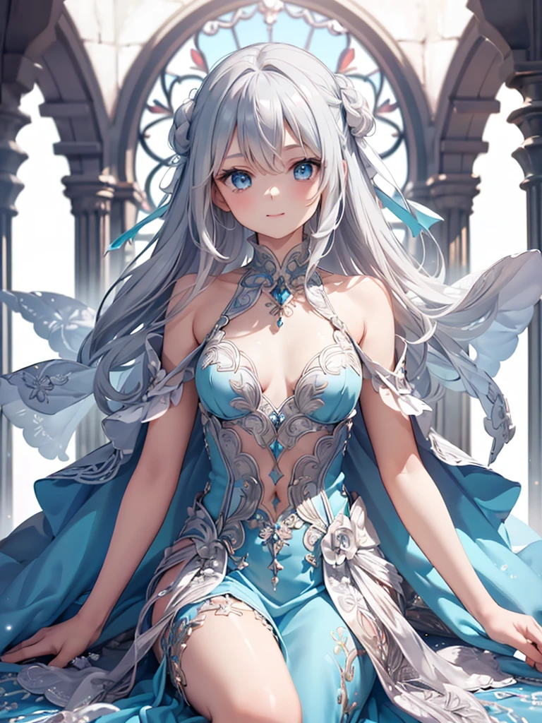 (masterpiece),(Best Quality:1.2),( Perfect Anatomy),Delicate details,(( 1 girl)),Long silver hair,(( flat chest)), Beautiful Delicate Blue Eyes ,royal blue long dress,An aqua blue shawl draped over her shoulders,Blue Footprints,( White background ),smile, Ahoge,  background blur ,  lens flare, frame, 