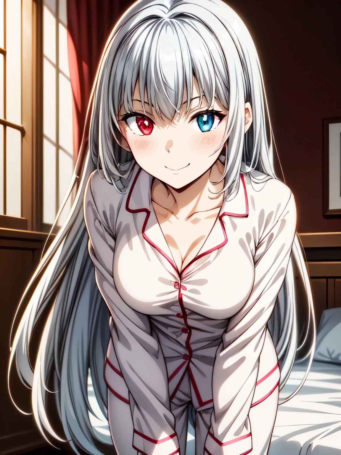 masterpiece、Best Quality、detailed、Luminous Valentine、 1girl, Alone、Standing,Closed Mouth、smile、One girl、Long Hair、( anime style illustration:1.2)、Silver Hair、Long Hair、indoor、adorable bedroom、bet、Long Hair、(（Blue Eyes：1. 2）、Heterochromia iridis、（Red Eye：1.3）)、（background_Crystal Rose：1.5）、(In pajamas:1.3),In pajamas、Sharp pupils、 High Resolution 、 High Resolution 、 super fine painting,、(非常にdetailed、color、Sparkle)、(Genuine、Real、Realistic)、Small breasts、  High Resolution 、超 High Resolution 、 cowboy shot、Leaning forward