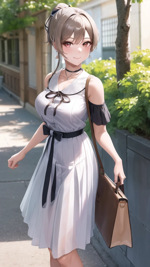 masterpiece, best quality, highres,fel1, white skirt, black shirt, hair ribbon, jewelry, ponytail, black choker, collarbone, bare shoulders, earrings, short sleeves, outdoors, standing, shoulder bag, market, smile,