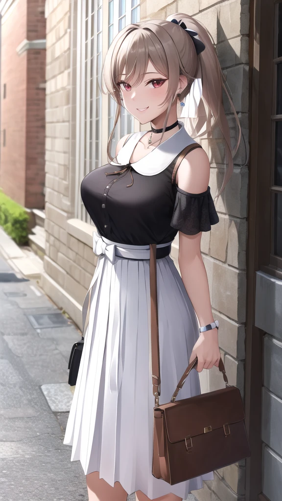 masterpiece, best quality, highres,fel1, white skirt, black shirt, hair ribbon, jewelry, ponytail, black choker, collarbone, bare shoulders, earrings, short sleeves, outdoors, standing, shoulder bag, market, smile,