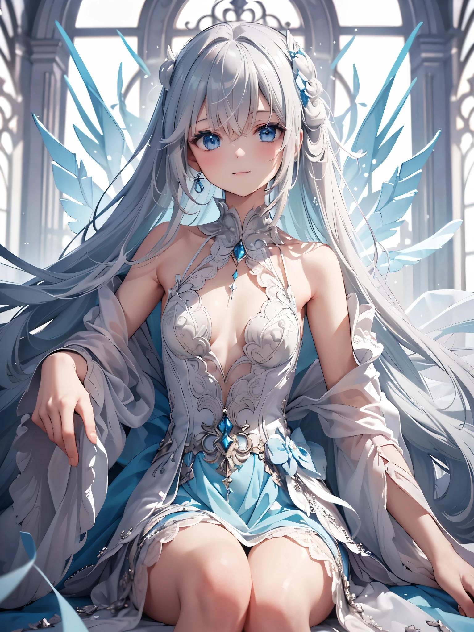 (masterpiece),(Best Quality:1.2),( Perfect Anatomy),Delicate details,(( 1 girl)),Long silver hair,(( flat chest)), Beautiful Delicate Blue Eyes ,royal blue long dress,An aqua blue shawl draped over her shoulders,Blue Footprints,( White background ),smile, Ahoge, background blur , lens flare, frame,