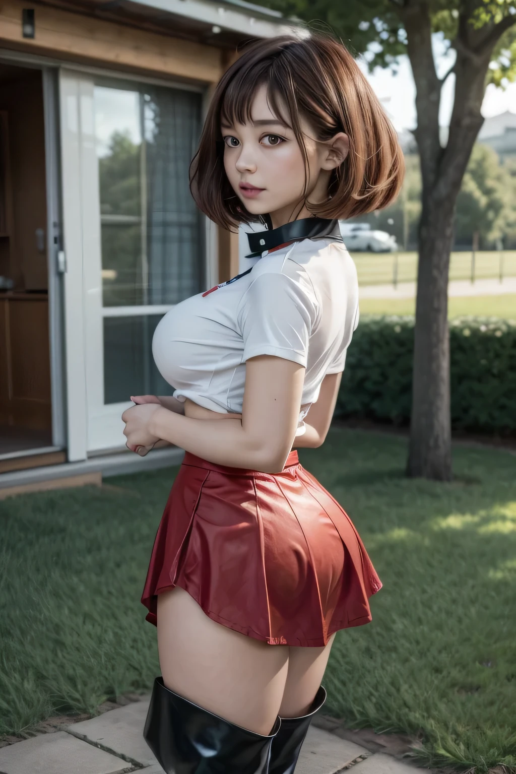 1 girl,uraraka,ochako, bodysuit, sidelocks, shirt,red mini skirt, low-cut shirt, bare breasts,  reveal blue mini skirt,8K,3D,  big breasts,open mini skirt ,thigh boots,high heel boots,  big thighs,A cup breasts,  waist 50 cm and hips 70 cm,With your back showing your buttocks in the field.