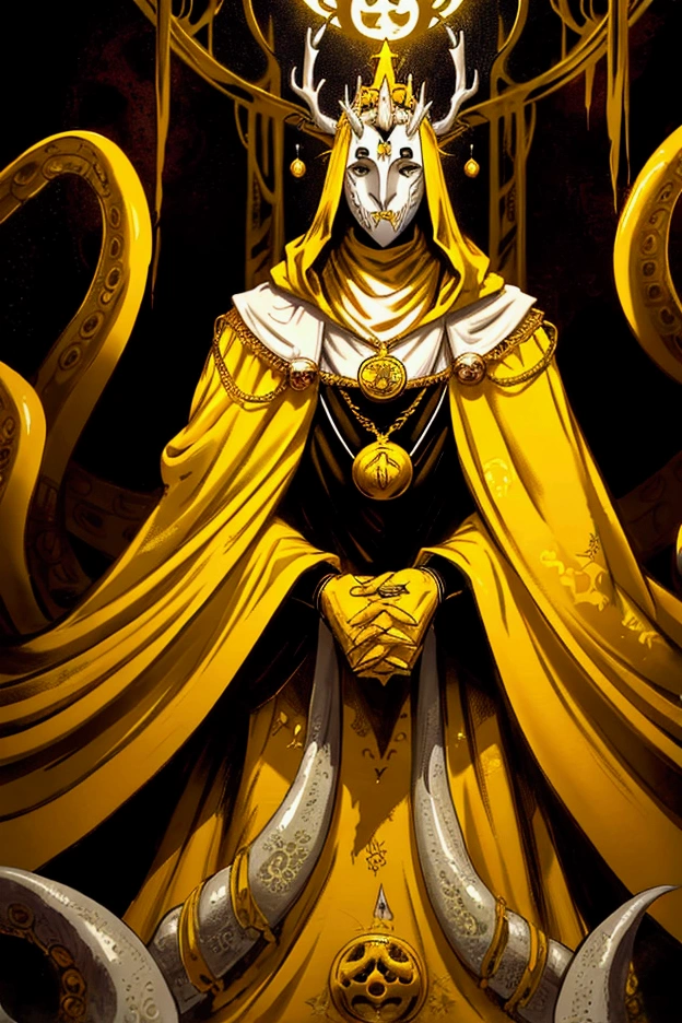 a painting of a man dressed in a yellow robe and a crown, hastur the king in yellow, yellow-robed cultist, king in yellow, a professional digital painting of the king in yellow wearing a tattered yellow cloak standing in a ballroom gripping a medallion in his claws, (white porcelain mask:1.05),painting of the king in yellow wearing a cloak and a mask, antlers, crown, cosmic background, gold and white and black color scheme surrounded by a mass of writhing tentacles, ornate baroque ballroom background, antlers, crown, high quality