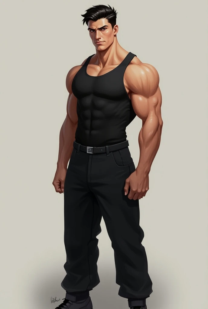  A 2D male character with an ideal weight for a person with a.80 with medium and black hair ,  black eyes and a black tank top uniform and pants 