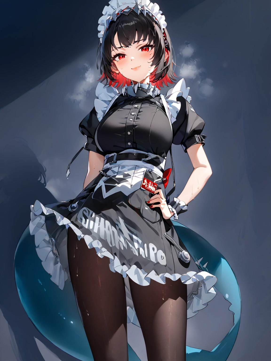 Ellen Joe, maid, shark tail, (shark girl:0.5), 1girl, red eyes, tail, pantyhose, multicolored hair, black footwear, short sleeves, apron, wrist cuffs, maidheaddress,,highly detailed eyes,highly detailed face,highly detailed lips,face focus,cowboy shot,standing,contrapposto,light and shadow,steaming body,sweat all over,
1girl, solo,looking at viewer,smile,(furrowed eyebrows),
big breasts,perky breasts,illustration,manga,(anatomically correct),Life drawing,masterpiece