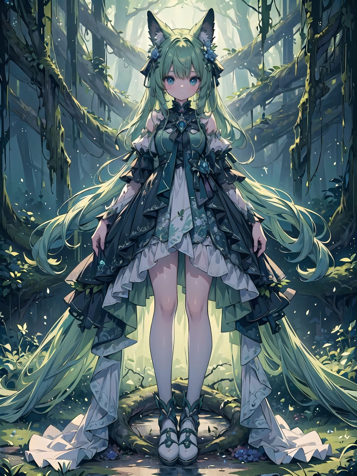 Amidst the tranquil woodland, a beguiling forest nymph known as Seraphine enchants all who venture near. Her ethereal form is a tapestry of nature's hues – her skin a delicate shade of mossy green, her hair a cascade of vibrant leaves that shimmer like autumn's brilliance. Eyes the color of deep forest pools glint with curiosity and ageless wisdom. She wears a gown woven from vines and adorned with blossoms, her bare feet barely touching the forest floor. Radiating an aura of serene enchantment, She is a guardian of the woods, her very presence a soothing melody in the heart of nature.