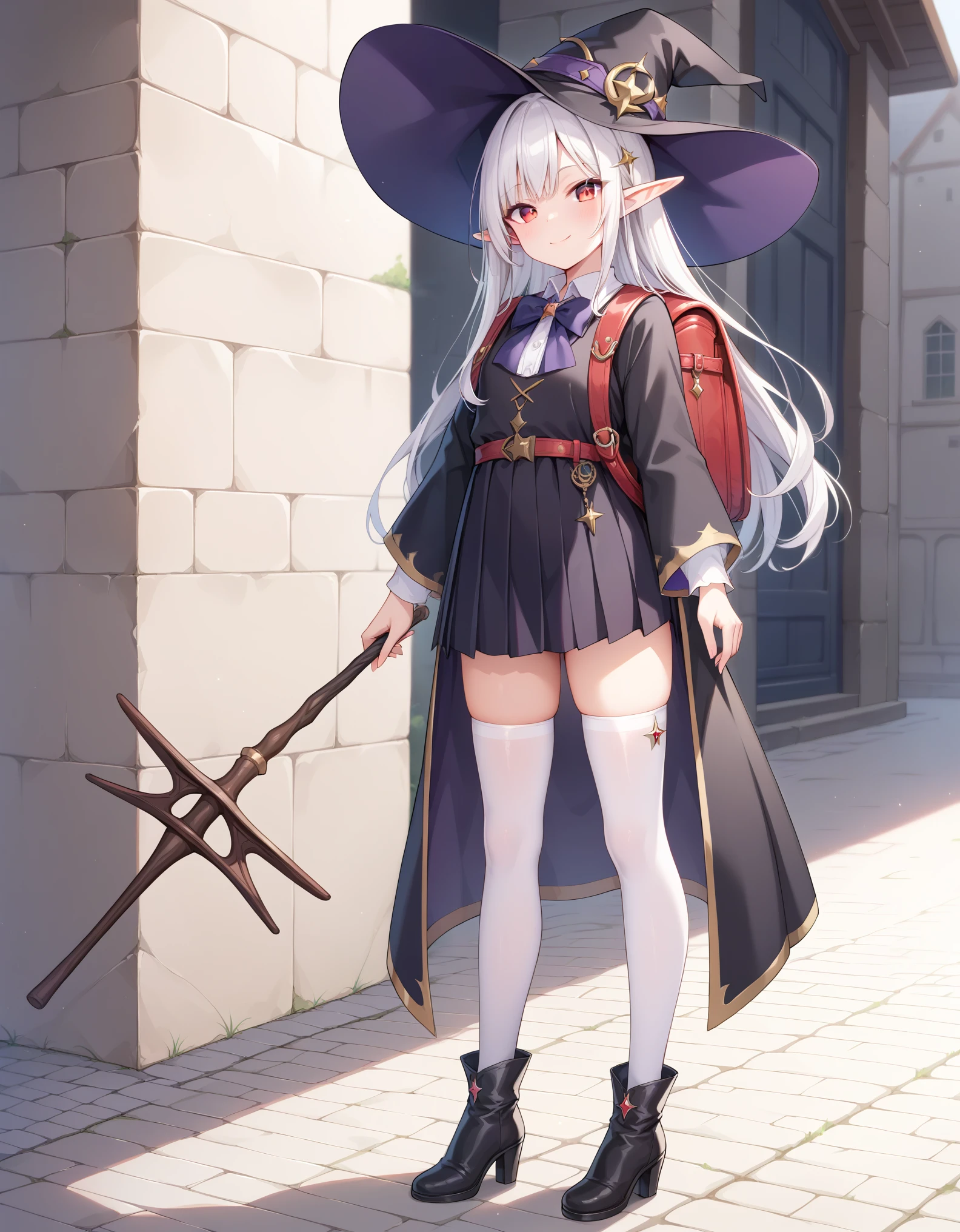 Masterpiece, hd, 2d, top-quality, full body, witch's hat, Belt to hat, white hair, long hair, Smooth straight hair,elf, pointed ears , smile, red eyes, a closed mouth, wearing white collared shirt, bowtie, brown pleated skirt, witch's robe, Witch's Wand, outdoor, Petite,  , wearing Witch's Boots, wearing randoseru backpack, red backpack, wearing thighhighs, fullbody