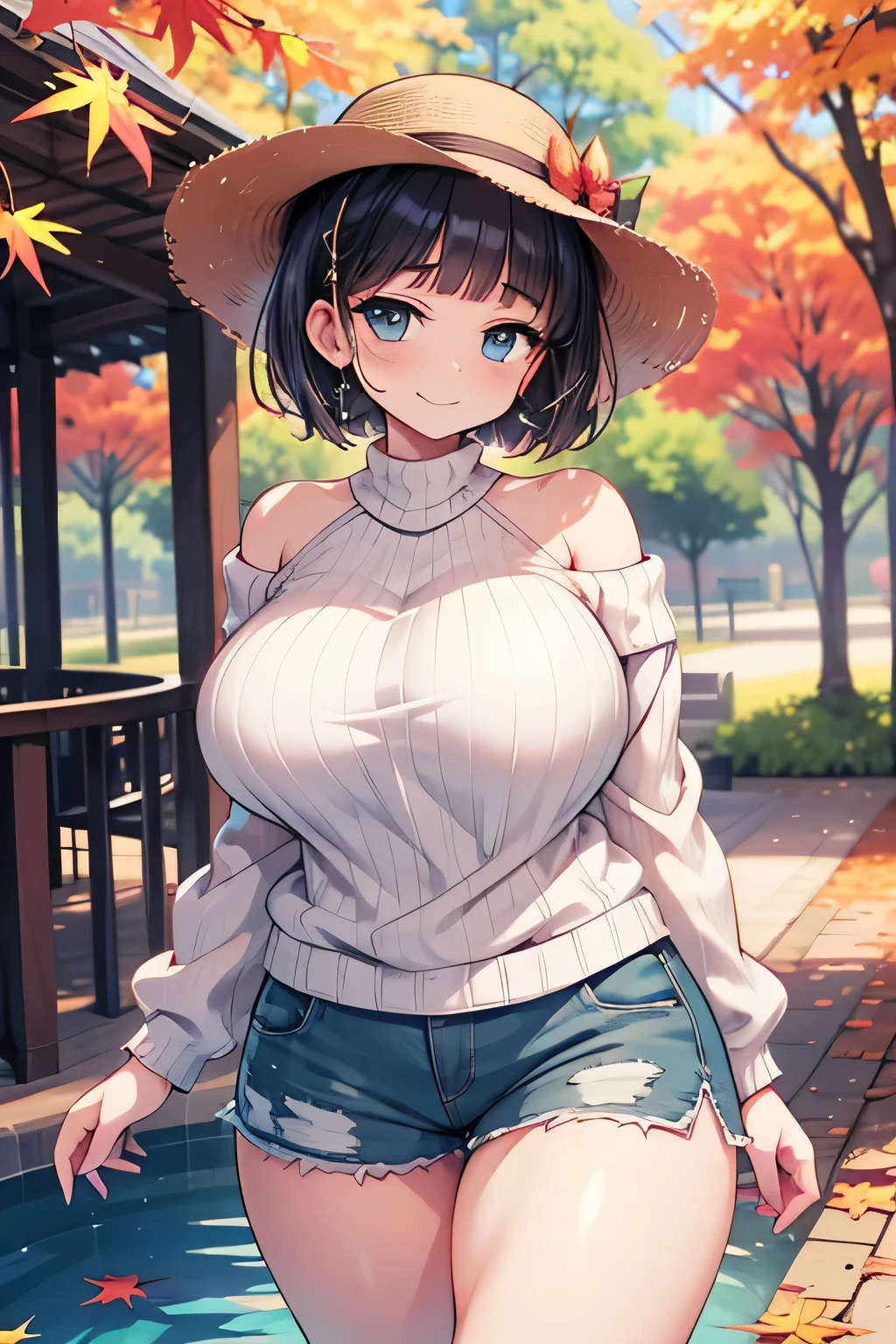  anime illustration、 High Resolution 、A sad smile、A short, busty, chubby gal、Autumn park、Shaded gazebo、wet and sheer off-shoulder sweater、 shorts 、Appealing sexual attraction、 perfect proportions 、 cowboy shot、Fatty thick legs、Sharp Eyes、Draw hands correctly