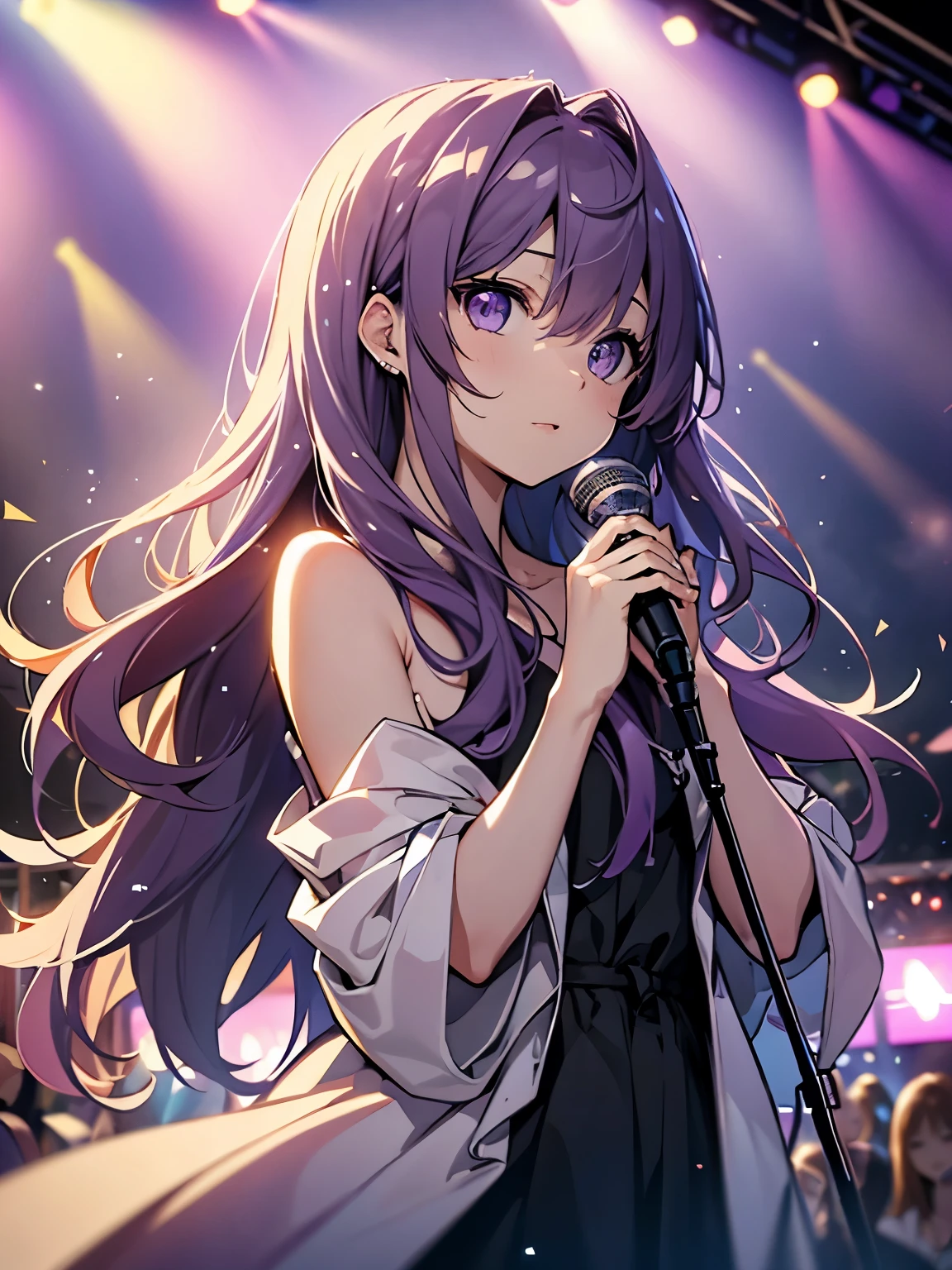 look up with the naked eye , Purple Hair, purple eyes, Sparkling Eyes, Long hair blowing in the wind, Perfect composition, 8k、Singing with microphone 、Live、concert、 Colorful Lights 、 eyes staring at the audience、Sing with your mouth open、Horizontal position