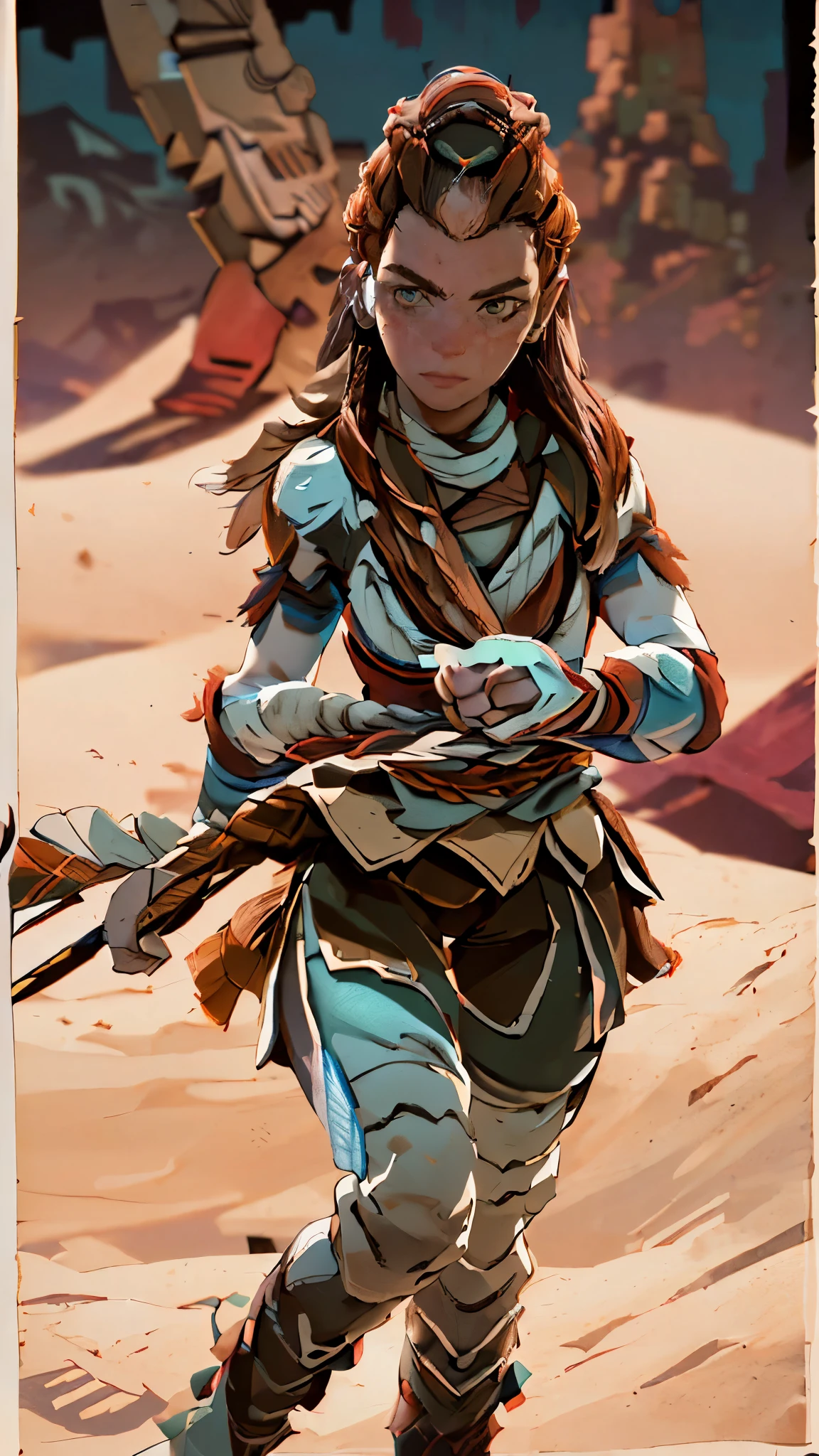 (A woman),(Aloy:1.5),(((Horizon Zero Dawn:1.5))),((Nora Hunting gear:1.5)),((standing bravely:1.5)),(Serious:1.5),(long red hair:1.5),(((slight braided Hair:1.5))),(beautiful eyes:1.3),(Very detailedな顔:1.5),((Very detailed drawing of a female hand:1.5)),((muscular:1.5)),(Sexy appearance:1.5),((Thick thighs:1.5)),(Beautiful Body:1.5),((Very sensual:1.5)),(mountainous background at night:1.5),(warm atmosphere:1.5),(((Blurred Background:1.5))),(Written border depth:1.5),rest(((masterpiece:1.5),(best quality:1.5),(Very detailed:1.5),(high resolution:1.5),(Practical:1.5),(Practical:1.5),(Delicate depiction),(Carefully drawn))),8k,wallpaper