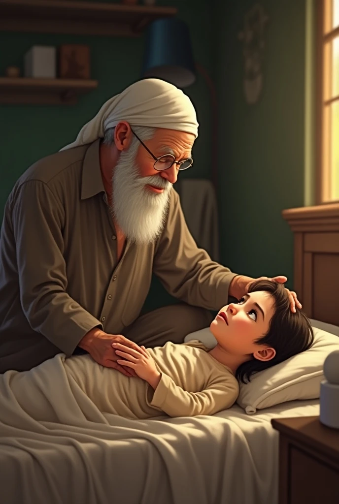 At night, a middle-aged lady is lying in bed with a blanket and talking to a twelve-year-old boy next to her. The scene will be Arabic.