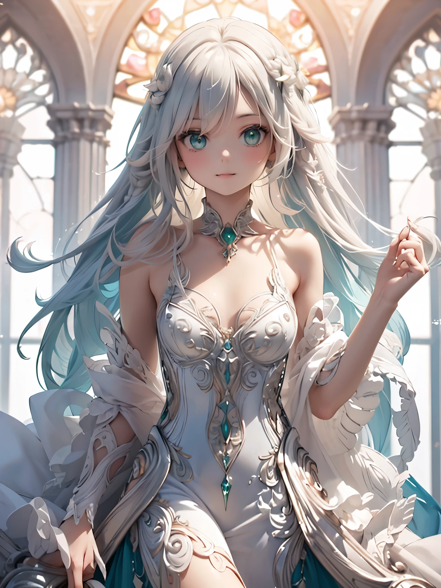 (masterpiece),(Best Quality:1.2),( Perfect Anatomy),Delicate details,(( 1 girl)),Long silver hair,(( flat chest)),beautiful and delicate emerald green eyes , emerald green long dress, aqua blue shawl draped over the shoulder,Blue Footprints,( White background ),smile, Ahoge,  background blur ,  lens flare, (((frame))), 