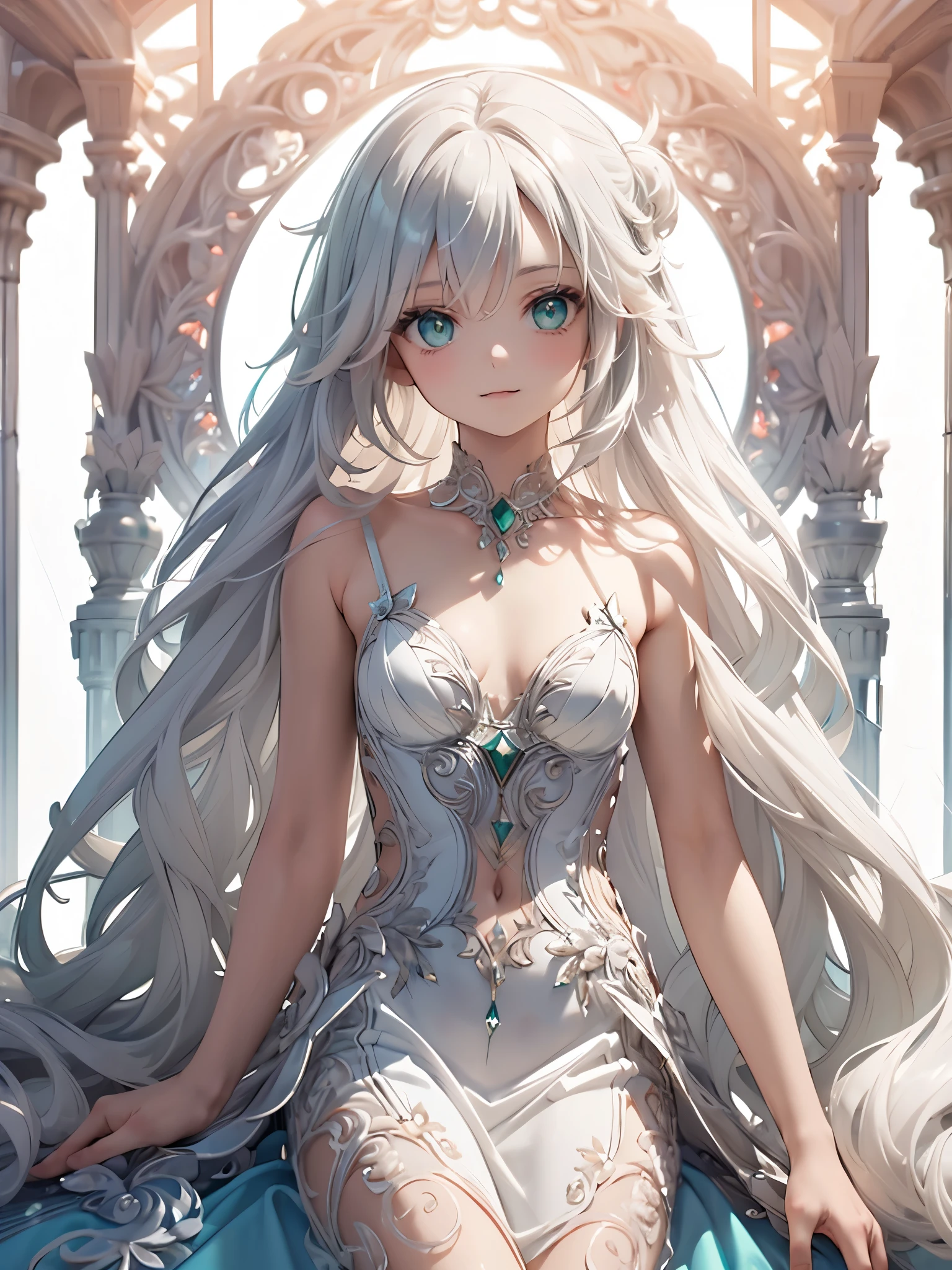 (masterpiece),(Best Quality:1.2),( Perfect Anatomy),Delicate details,(( 1 girl)),Long silver hair,(( flat chest)),beautiful and delicate emerald green eyes , emerald green long dress, aqua blue shawl draped over the shoulder,Blue Footprints,( White background ),smile, Ahoge,  background blur ,  lens flare, (((frame))), 