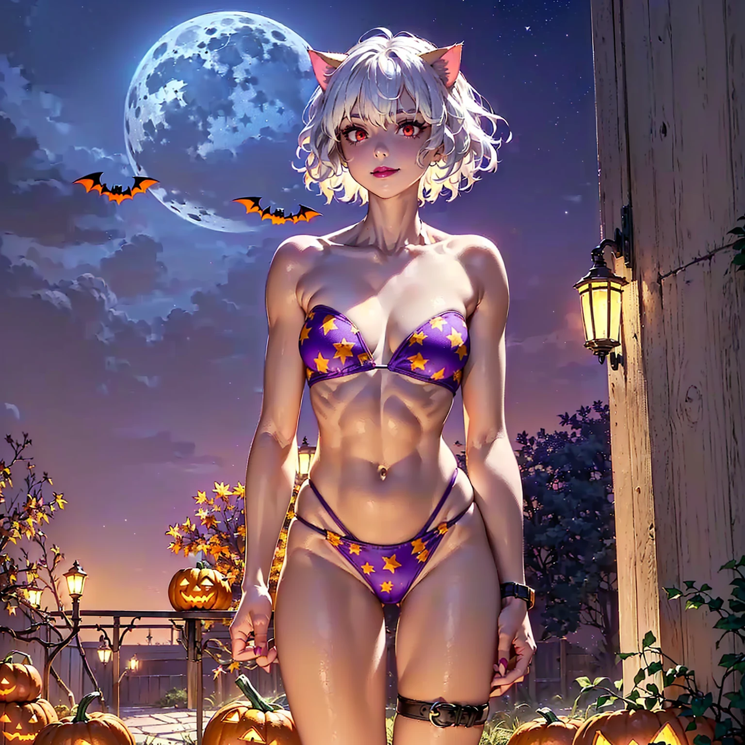 ((1girl, solo ,alone)), ((solo, 1woman, ((neferpitou, cat tail, short white hair, short messy hair, cat ears, red eyes, small bust)), woman, lipstick), Extremely detailed, ambient soft lighting, 4k, perfect eyes, a perfect face, perfect lighting, a 1girl)), ((solo, (1woman, lipstick), Extremely detailed, ambient soft lighting, 4k, perfect eyes, a perfect face, perfect lighting, a 1girl)), , ((fitness,, shapely body, athletic body, toned body)),  ((fitness, , shapely body, athletic body, toned body)) , (( strapless bikini, strapless bikini, purple bikini, thong, thong bikini, print bikini, , backyard, pool, garden, halloween decoration, halloween pumpkins, trees, grass, bats, stars, smug smile , night sky, fall, looking back, night, full moon, tiny breasts, very small breasts, cloulds))