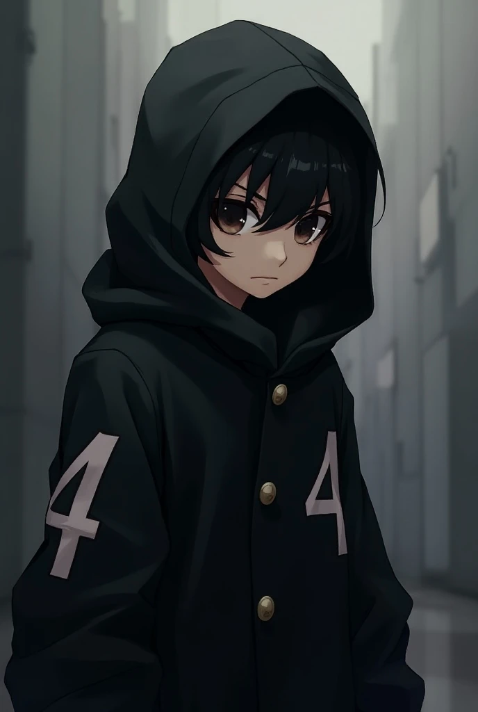an anime girl with dark skin, arms crossed, wearing black clothes and jacket, black eyes, scar on her face, using a eye patch, short hair