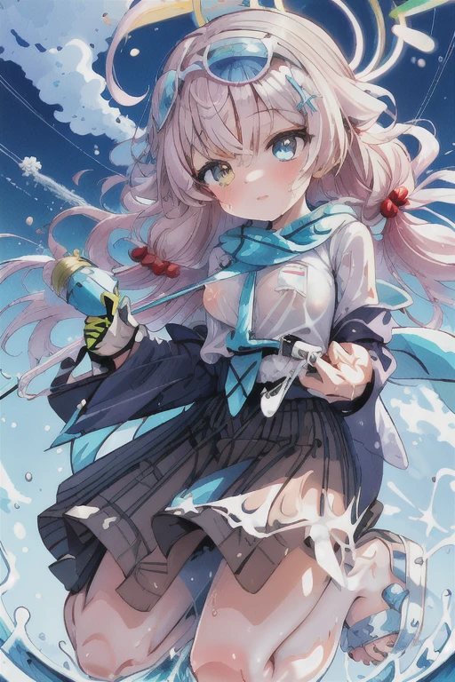 Best Quality, hight resolution, absurderes, Ultra-detailed, Suzuya_(kancolle), 1girl in, long_hair, Skirt, Solo, Shirt, Rain, Wet_Clothes, hair_ornament detached, Wet, breasts, Underwear, pleats_Skirt, See-through, bowtie, Red_Bow、bbw、thick thight、big butts、Ultramammy