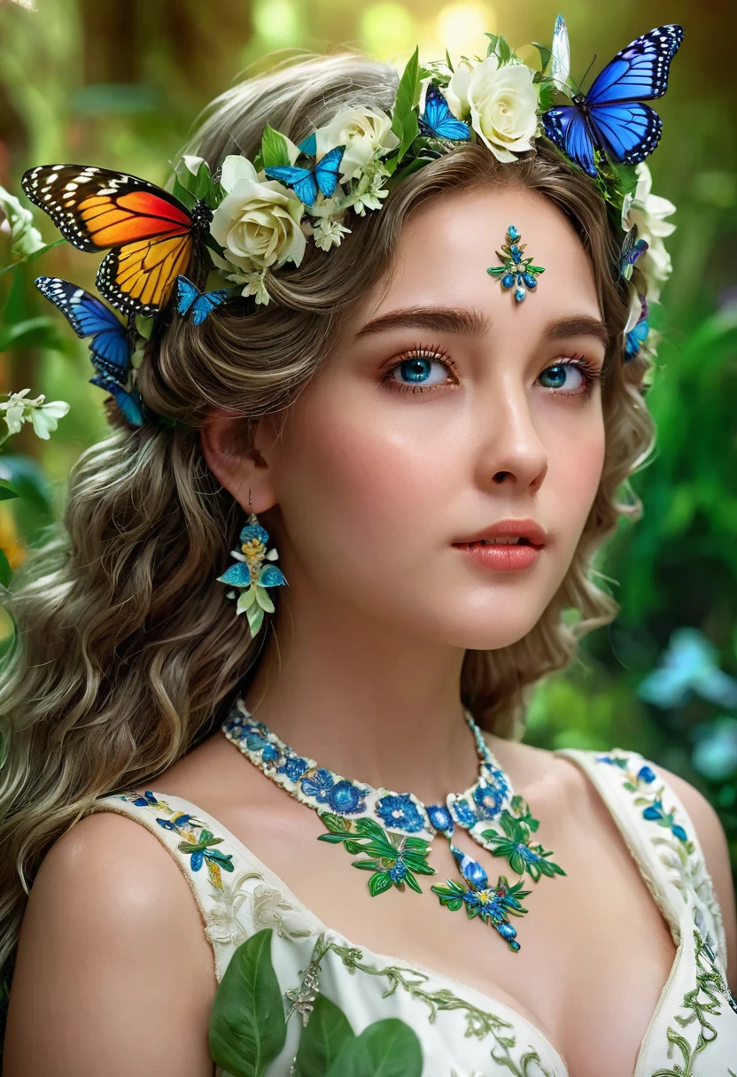 1 girl, beautiful detailed eyes, beautiful detailed lips, extremely detailed face and features, long eyelashes, intricate ornate fantasy floral crown, whimsical fairytale dress, delicate porcelain skin, serene expression, surrounded by lush verdant garden, blooming flowers, magical glowing butterflies, dramatic cinematic lighting, dreamlike fantasy atmosphere, vibrant colors, photorealistic, 8k, best quality, masterpiece