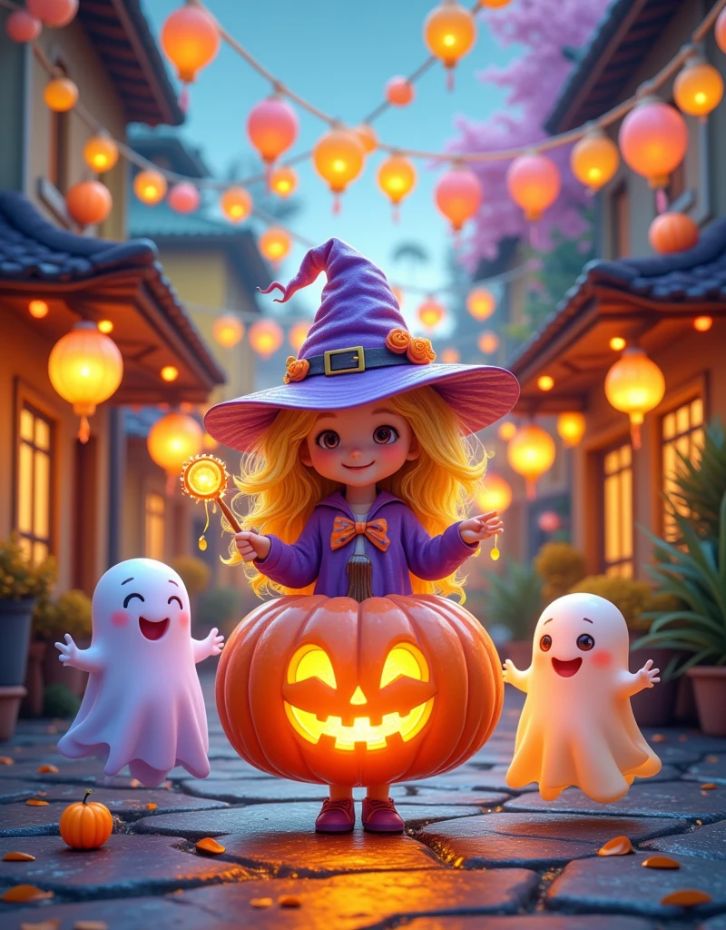 [Vision:1.0]，[Wide Angle:1.0]， A fun town ， Decorate with colorful lanterns and balloons ，One and one in magic suits，Wand in hand， play games with cute ghosts ， such as “Trick or Treat If You Don't Give Me Sugar” and “Ghost Bowling” The center is a huge pumpkin，Fantasy atmosphere，Dreamy emotions，3d, C4D Rendering，Bright colors，Bright，RGB, Colorful，((Dopamineism))，(((Dopamine color matching)))，Facing the screen，Dopamine color，High Saturation， High Contrast ， High Definition ，8k，Ultra-high detail，(in the style of Y2K)，Luo Erchun，Three-dimensional ancient style，Oriental Poetry and Painting，Blind box design ，Pop Mart
