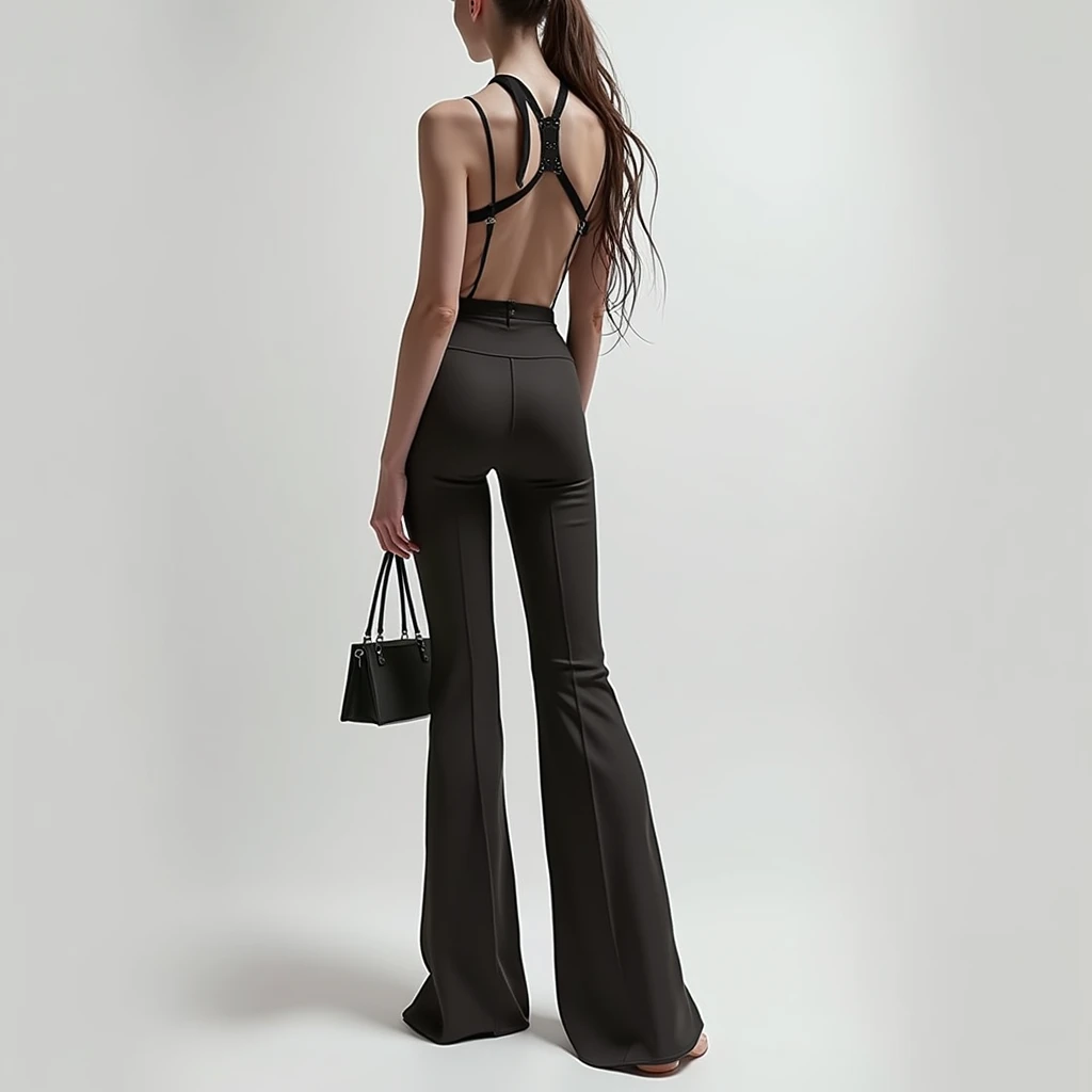 Back view of a girl in a tight pantsuit。The face turns around and looks this way