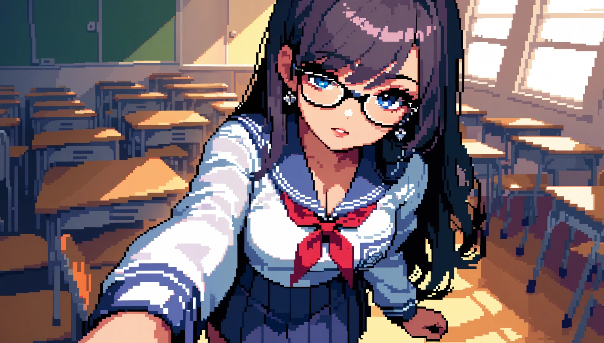 (Best Quality:1.2,  very detailed,  pixel art:1.2,  high contrast , masterpiece:1.2), ((( 1 girl))), Beautiful woman, Glasses, Glossy lips, Rouge, ( cowboy shot:1.2, Front View), Obscene, Foster a sense of inferiority, Lewd Eyes, A face filled with lust, ((Schoolgirl), Black Hair,  straight long hair , Purple gradient hair, blue eyes,  earrings,  white shirt, Show me your cleavage), School classroom, Sailor suit,  pleated skirt, Professionalism, Bright colors, The right perspective.