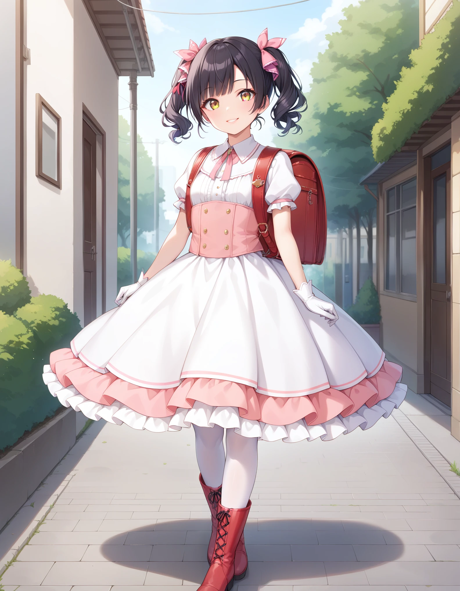 masterpiece, best quality, highly detailed, ultra high res, 1girl, solo, brown eyes, hair ornament, short ash black hair, twin tails, hair ribbon,  light smile, glossy lips, short Sleeve idol dress, very puffy skirt, flared skirt, puffy dress, idol costumes, colorful dress, wearing white thighhighs, red boots, wearing randoseru backpack ,red backpack, standing, walking, outdoor, wearing white gloves, fullbody