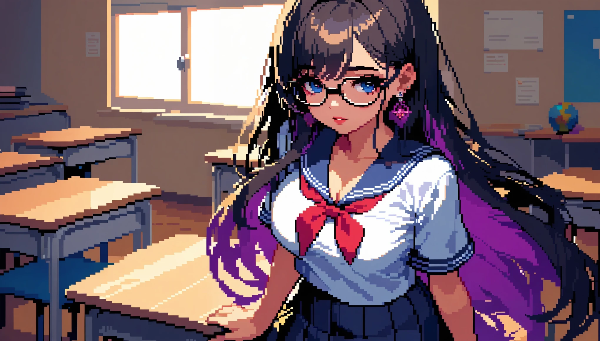 (Best Quality:1.2,  very detailed,  pixel art:1.2,  high contrast , masterpiece:1.2), ((( 1 girl))), Beautiful woman, Glasses, Glossy lips, Rouge, ( cowboy shot:1.2, Front View), Obscene, Foster a sense of inferiority, Lewd Eyes, A face filled with lust, ((Schoolgirl), Black Hair,  straight long hair , Purple gradient hair, blue eyes,  earrings,  white shirt, Show me your cleavage), School classroom, Sailor suit,  pleated skirt, Professionalism, Bright colors, The right perspective.