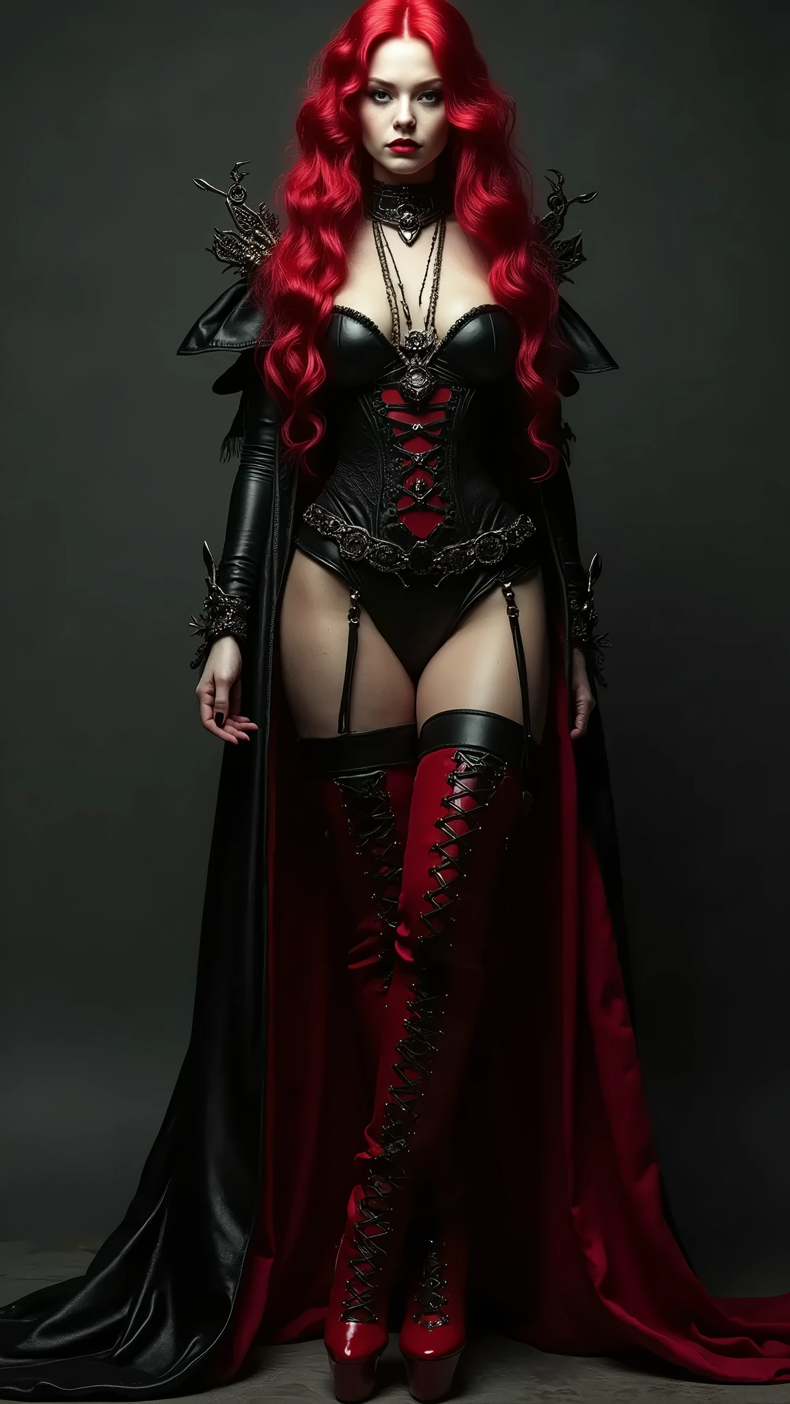 1girl, solo, masterpiece, high quality, full length, noblewoman, elven, fantasy, red hair, black clothing, black crop top, thighs, perfect body, perfect face, perfect breasts, tall, standing in fantasy city, rogue, muscular, abs
